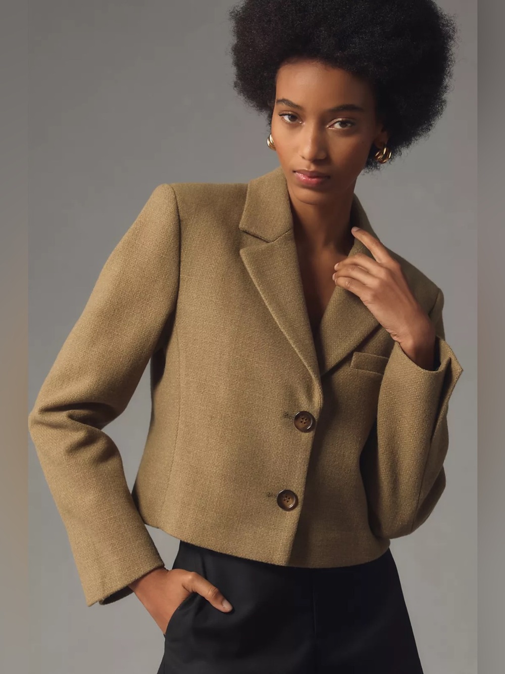 Anthropologie Olive Cropped Two-Button Blazer